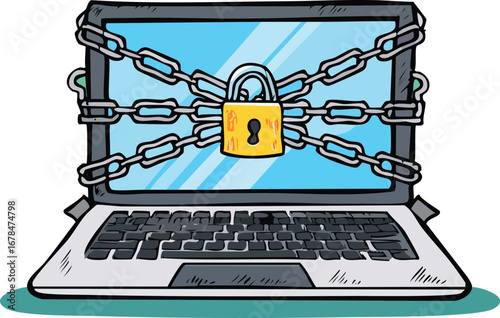 Locked laptop secured with chains and padlock computer technology