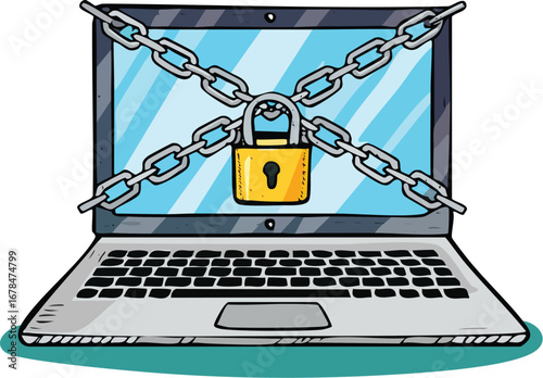 Locked laptop with chains and padlock computer security