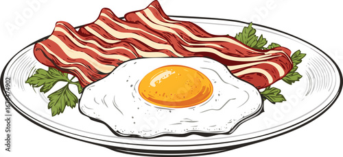 Fried egg with bacon and parsley on a plate breakfast food