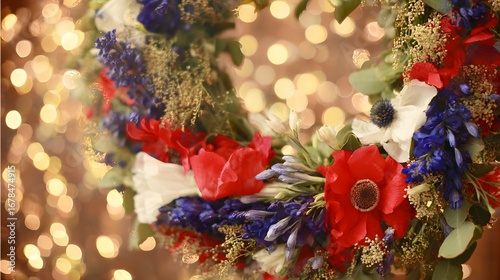 Red, white, and blue floral wreath with seasonal blooms, festive lights softly blurred in the background.