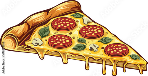 Delicious pepperoni mushroom pizza slice with melted cheese basil