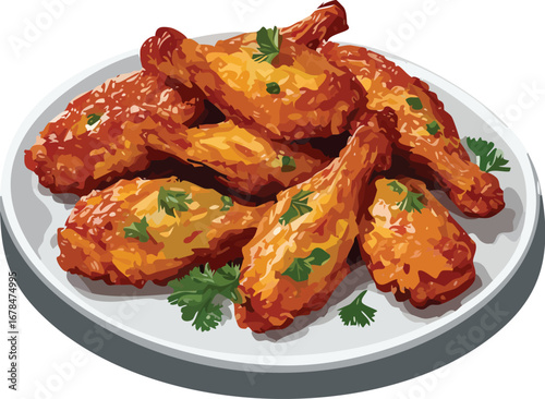 Crispy chicken wings with parsley garnish on a white plate fried glazed