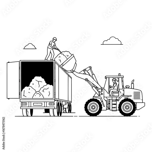 Loader Loading Cargo Into Truck Illustration with Worker and Heavy Equipment for Delivery Service in Monochrome