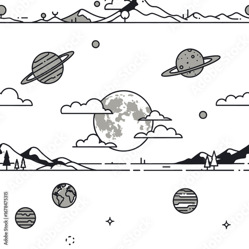 Pixel Art Style Space Scene Featuring Planets Moon Stars Mountains And Clouds In Black And White