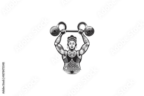 Illustration of a muscular woman lifting a barbell with decorative weights overhead in black and white style created with generated ai