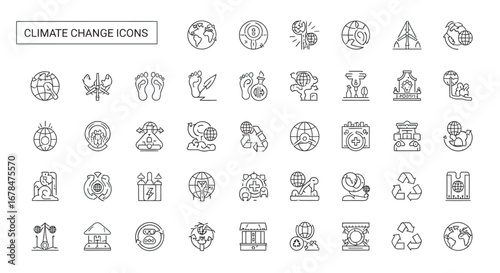 Collection of climate change symbols depicting environmental issues and solutions, emphasizing sustainability and global warming awareness.