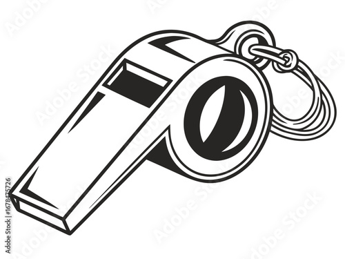 A black and white illustration of a whistle with a ring attached to it on a white background design created with generated ai