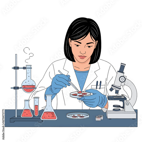 Woman in Lab Coat Examining Petri Dish with Red Sample under Microscope in a Research Laboratory Environment with Scientific Glassware