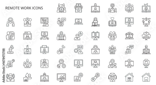 Thin line remote work elements showing various aspects of working from home, including video calls, collaboration, and online meetings, in a modern style.