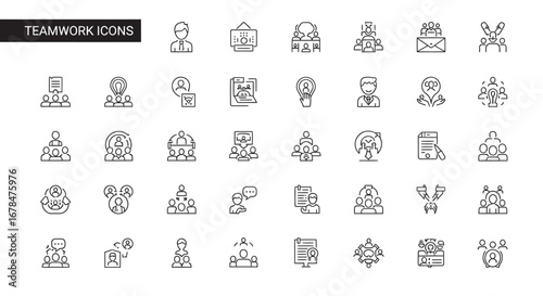 Line art depicting teamwork and collaboration with various people interacting and connecting on a white backdrop showcasing unity and cooperation.