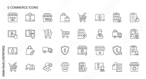 Ecommerce themed line art showing various online shopping activities and symbols on a white backdrop, conveying a modern and minimalist aesthetic.