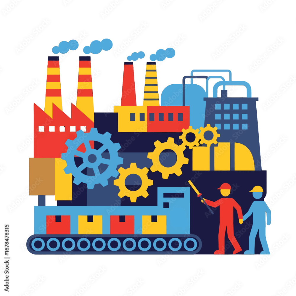 Fototapeta premium Industrial Factory Plant with Gears and Workers Flat Vector Illustration Featuring Blue Red and Yellow Tones