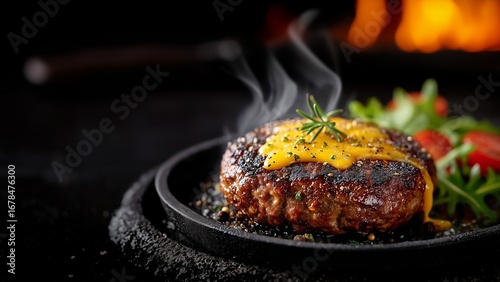Steaming Hot Hamburger Steak with Cheese Sauce and Vegetables. A gourmet and appetizing shot of a thick beef patty, expertly styled for a restaurant menu or a food advertisement.