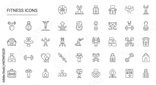 Collection of fitness line art showing various exercises and equipment in a gym setting, promoting a healthy lifestyle and wellbeing.