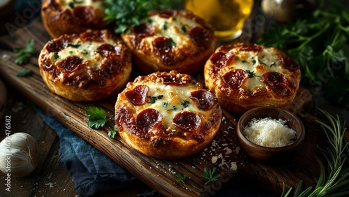 Gourmet Pizza Bites with Melted Cheese and Sliced Pepperoni, bubbling with melted cheese and ready to be enjoyed. Perfect for menus, food blogs, or advertisements.