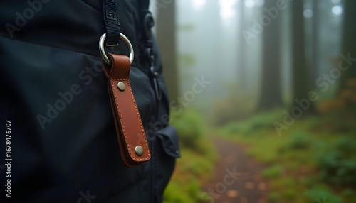Leather keychain attached to backpack in misty forest trail