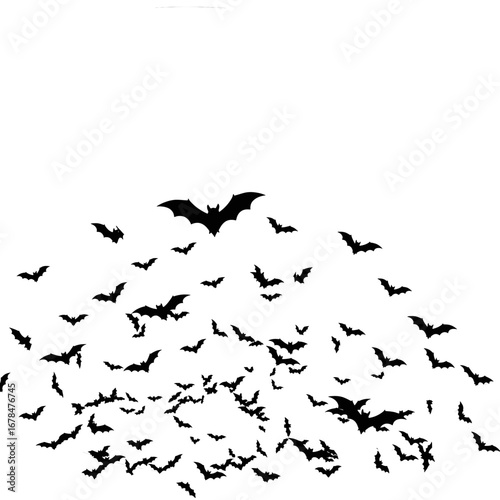 Swarm of Black Bats Flying Against White Background a Halloween Themed Illustration Featuring Silhouette of Flying Mammals and Spooky Atmosphere