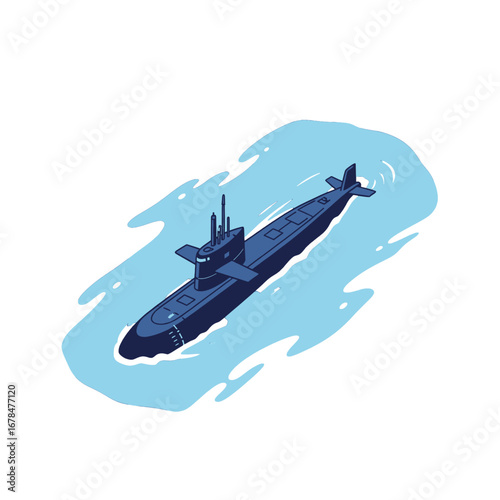 Pixel Art Style Dark Blue Submarine Floating in Light Blue Sea Water Isolated in White Background