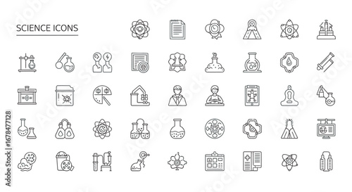 Science themed outline symbols depicting various laboratory equipment and scientific concepts against white backdrop, showcasing research and innovation.