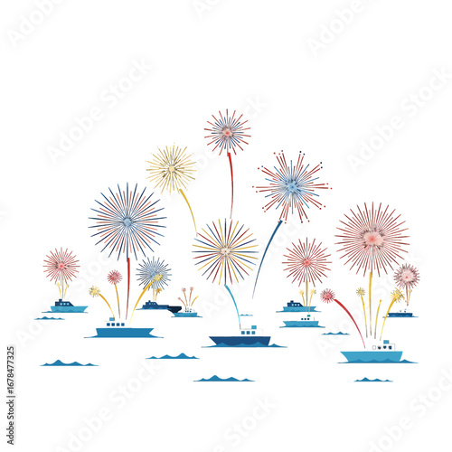 Vibrant Fireworks Display at Boats in Festive Celebration against White Background