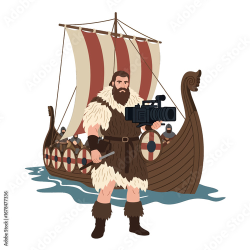 Viking Holding Camera in Pixel Style With Fur Costume Standing In Front of Ancient Brown Viking Ship With White And Red Sails On Blue Water