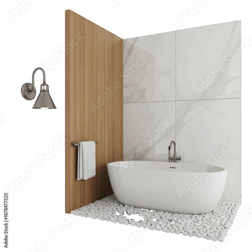 Bright Minimalist Bathroom With White Oval Bathtub and Wooden Accent Wall in Interior Design Rendering