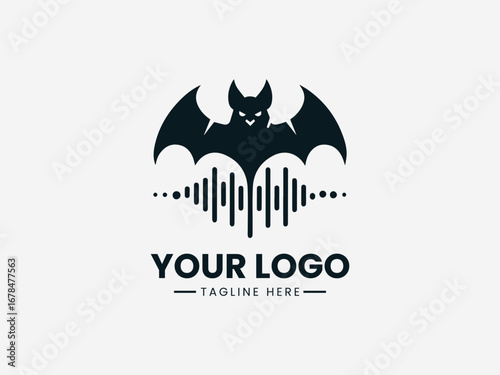 Bat in flight with ultrasonic waves and scientific elements in echolocation vector logo