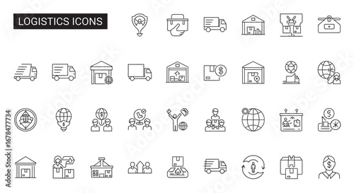 Thin line logistics elements depicting delivery and shipping services on white backdrop showcase modern supply chain management and global trade.