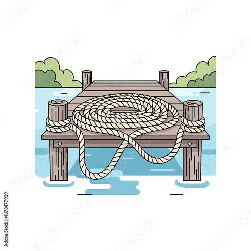 dock with rope idyllic waterfront scene with coiled nautical rope on a wooden pier evoking coastal living