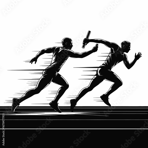 Dynamic Relay Race Silhouette Illustration Vector Black Design Featuring Athletes Passing Baton with Speed Lines on Track Background
