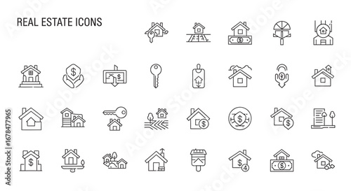 Detailed line art shows real estate symbols representing property investment, home buying, and mortgage services in a modern, minimalist style.