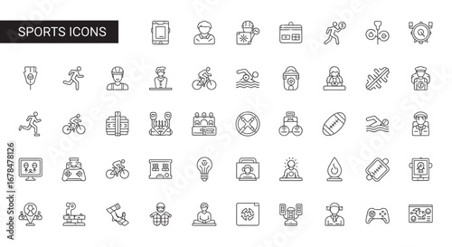Collection of sports symbols displayed as outline drawings on white surface representing various athletic activities and competition in minimalist style.