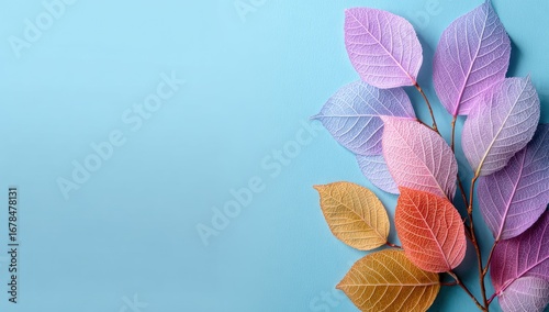 Pastel-colored leaves arranged on light blue background