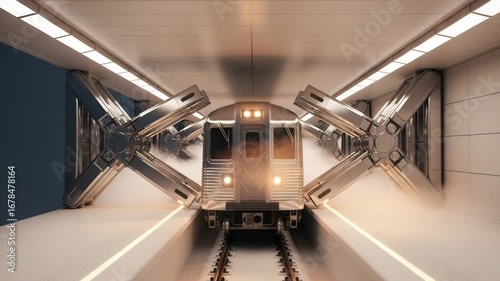 Subway train arriving at modern station with sleek design and lighting  