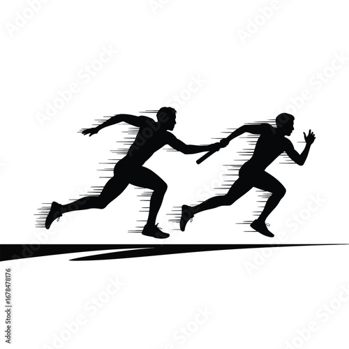 Dynamic Relay Race Silhouette Illustration Vector Black Design Featuring Athletes Passing Baton with Speed Lines on White Background