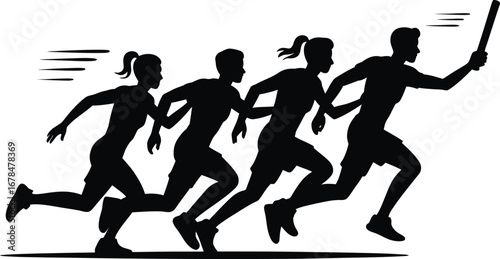 Relay Race Team Silhouette Vector Illustration Black Design with Baton Pass for Sport Competition and Athletic Event on Transparent Background