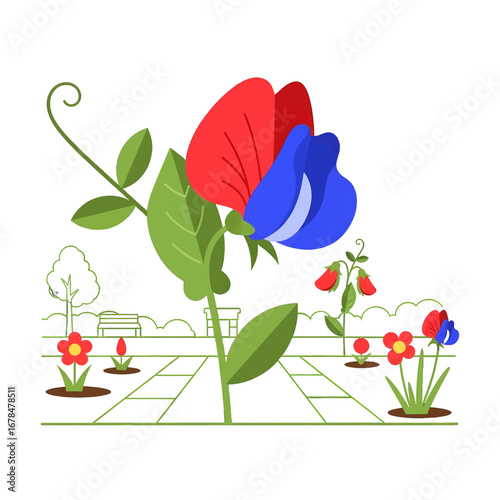 Stylized Red and Blue Sweet Pea Flower in a Green Garden on White Background