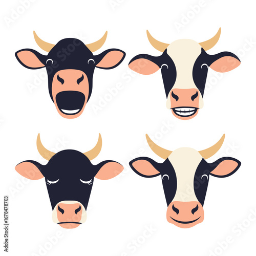 Collection of four stylized cow heads featuring different expressions and color patterns farm animals livestock domestic creatures bovine mammals grazing herbivores