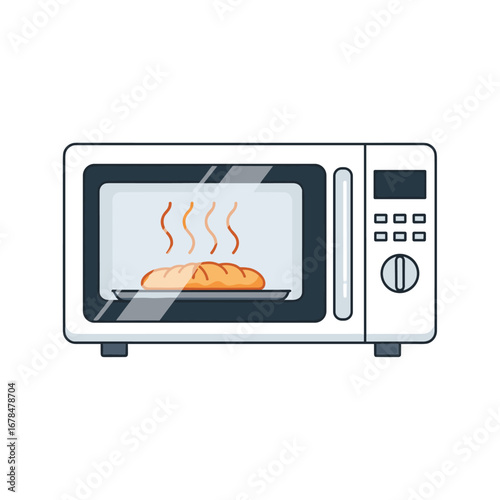 Modern kitchen appliance heating bread inside a microwave oven showing warm steam and control panel