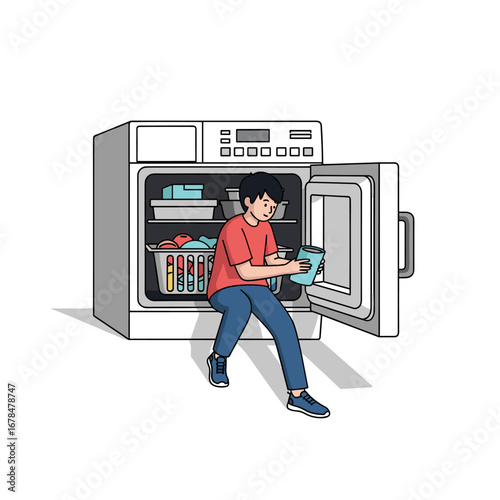 Young man carefully loading clothes into washing machine for laundry day chores household tasks