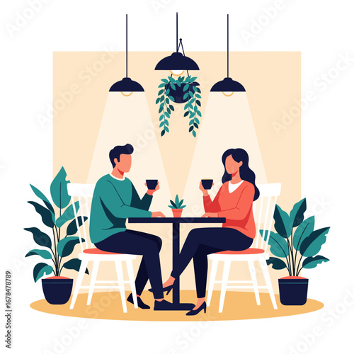 A couple enjoying coffee together in a cozy cafe surrounded by lush green plants and warm lighting creating a romantic atmosphere for their date