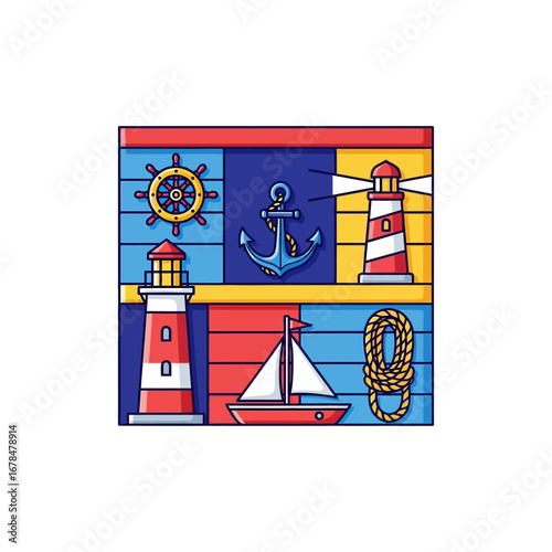 nautical elements anchor ship rope helm and lighthouse evoking coastal adventure and seafaring traditions.