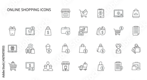 Online shopping elements displayed as outline drawings on white, representing ecommerce and retail transactions with a clean and modern aesthetic.
