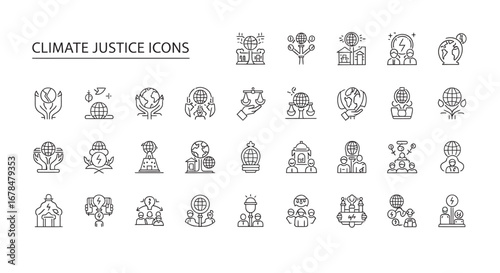Climate justice symbols represent environmental protection and social equality in a modern, minimalist style, conveying a sense of urgency and hope.