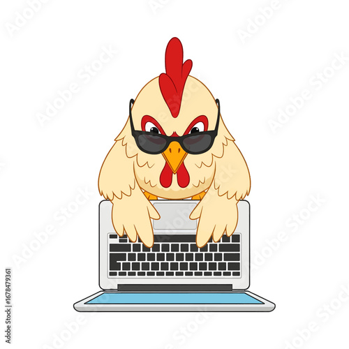 Illustration of Cartoon Chicken Wearing Sunglasses Using Laptop in White Background