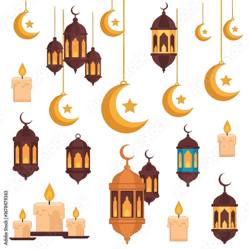 Collection of Golden Crescent Moons Stars and Lanterns with Glowing Candle for Ramadan Festival on White Background