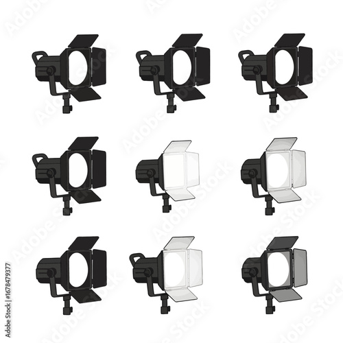 Collection of Black and White Stage Lighting Equipments for Professional Performance and Theater Production on White Background