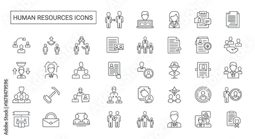 Thin line human resources icons depicting recruitment, management, and employee benefits in a modern and minimalist style for business and corporate use.
