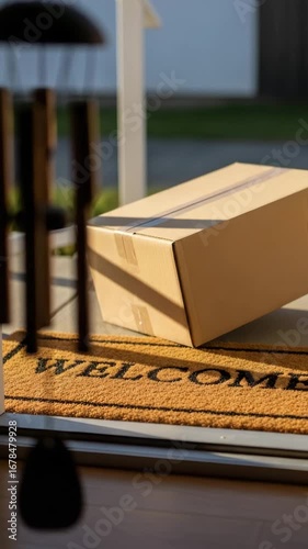 Cardboard box placed on welcome mat at entrance door