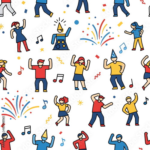 Festive Party Crowd Pattern with Dancing Figures Fireworks and Music Notes in Pixel Art Style on White Background